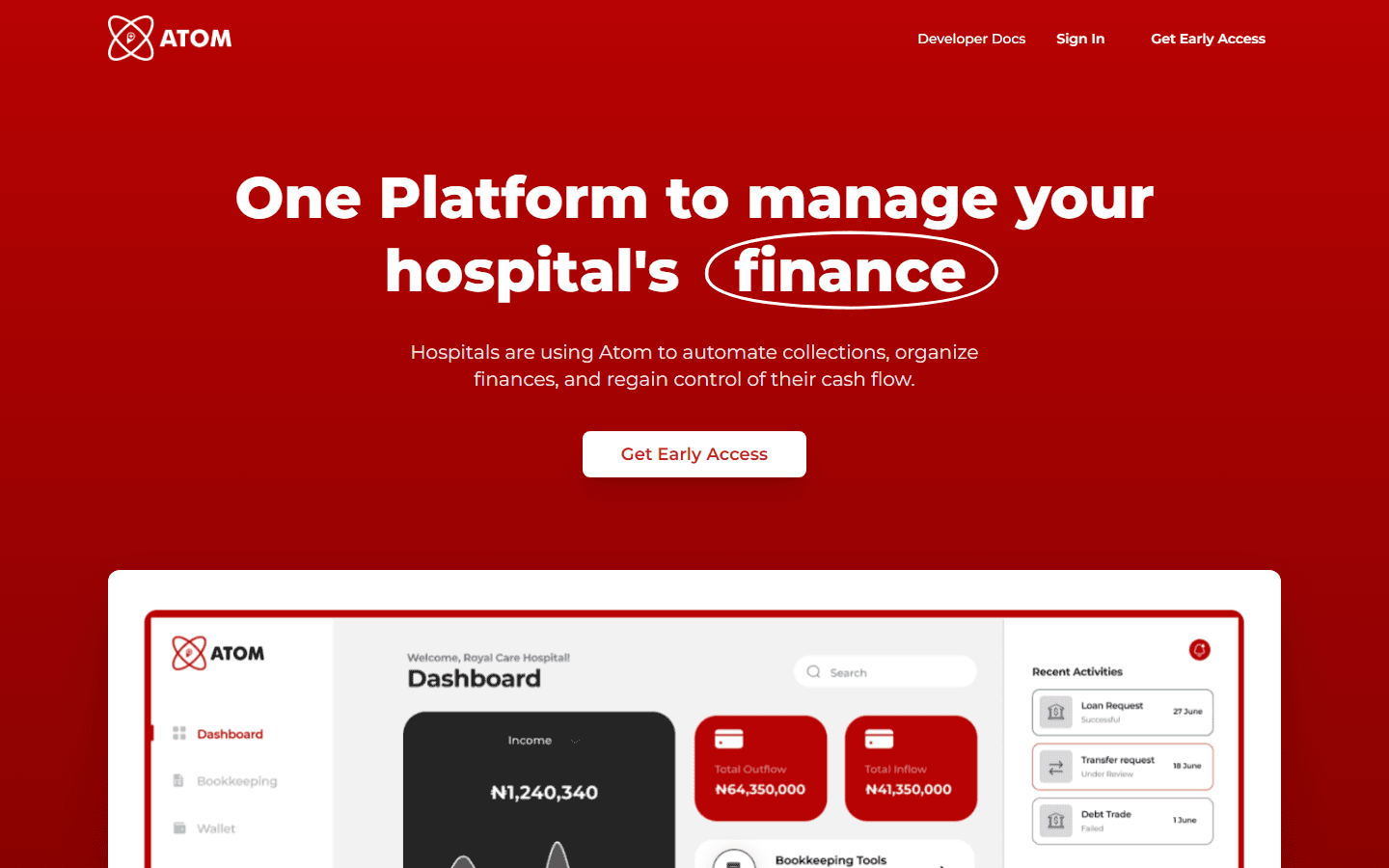 Atom Finance hospital finance platform homepage