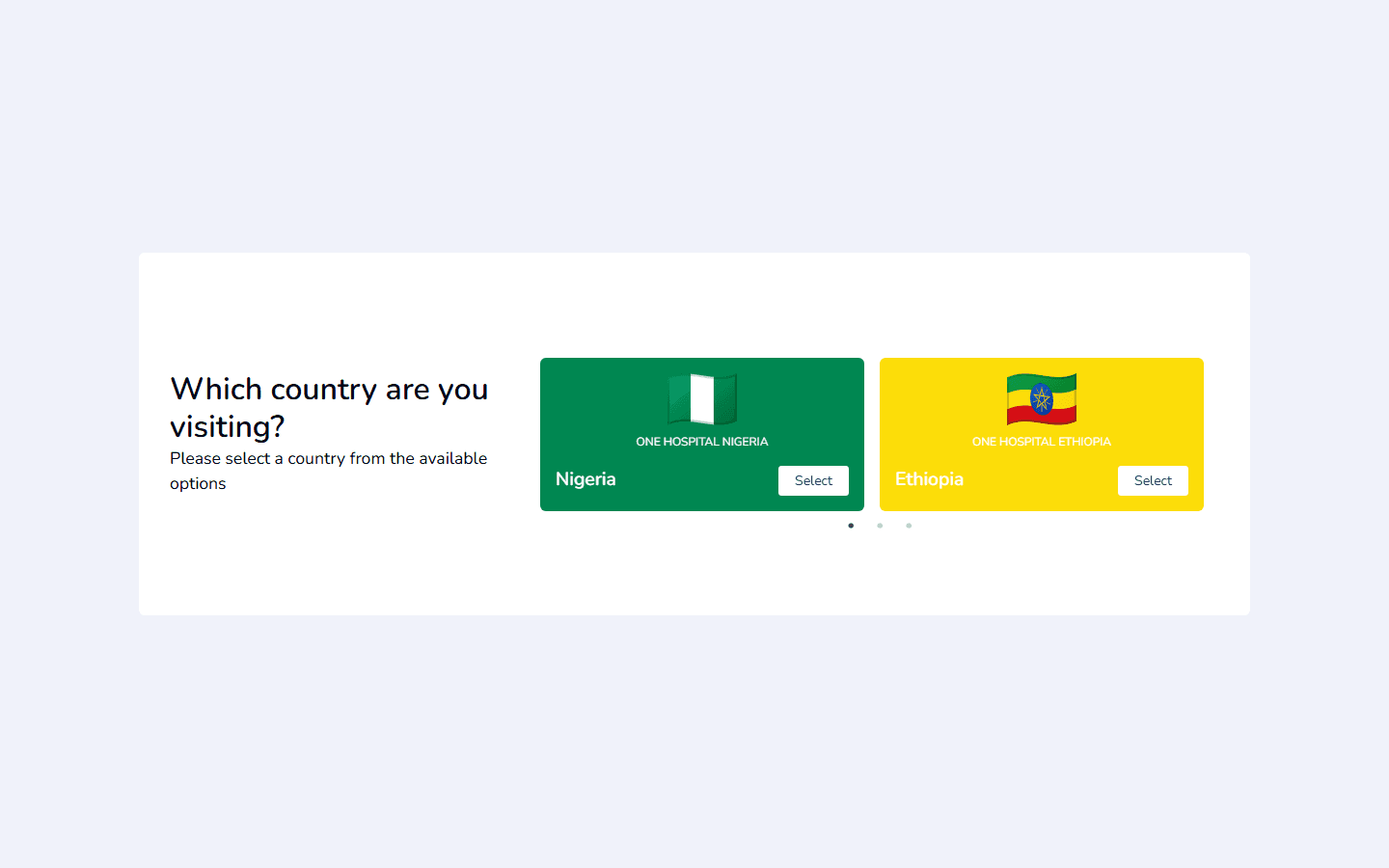 One Hospital public country selection screen